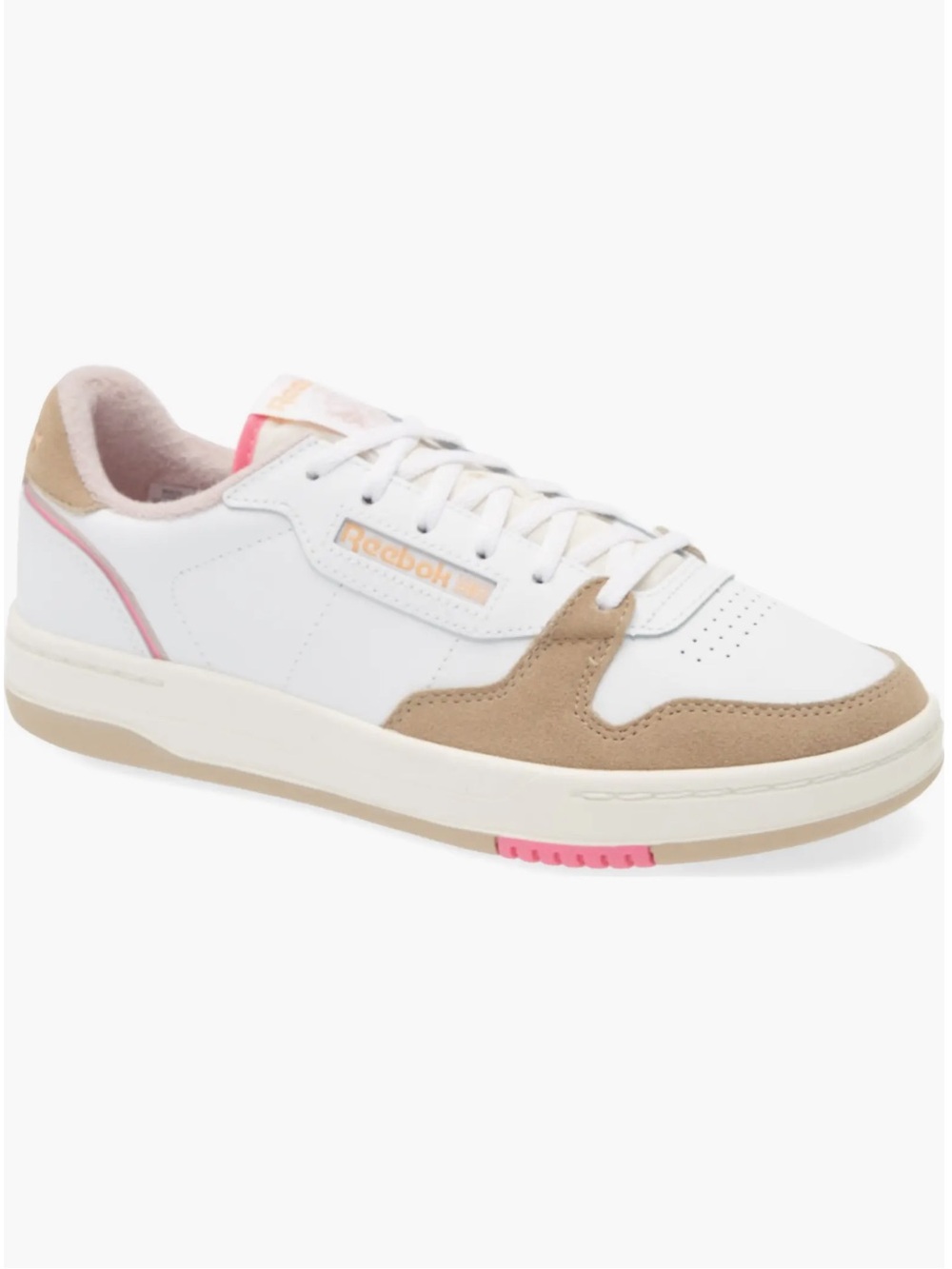 Reebok White Sneakers with Taupe Suede and Pink Accents